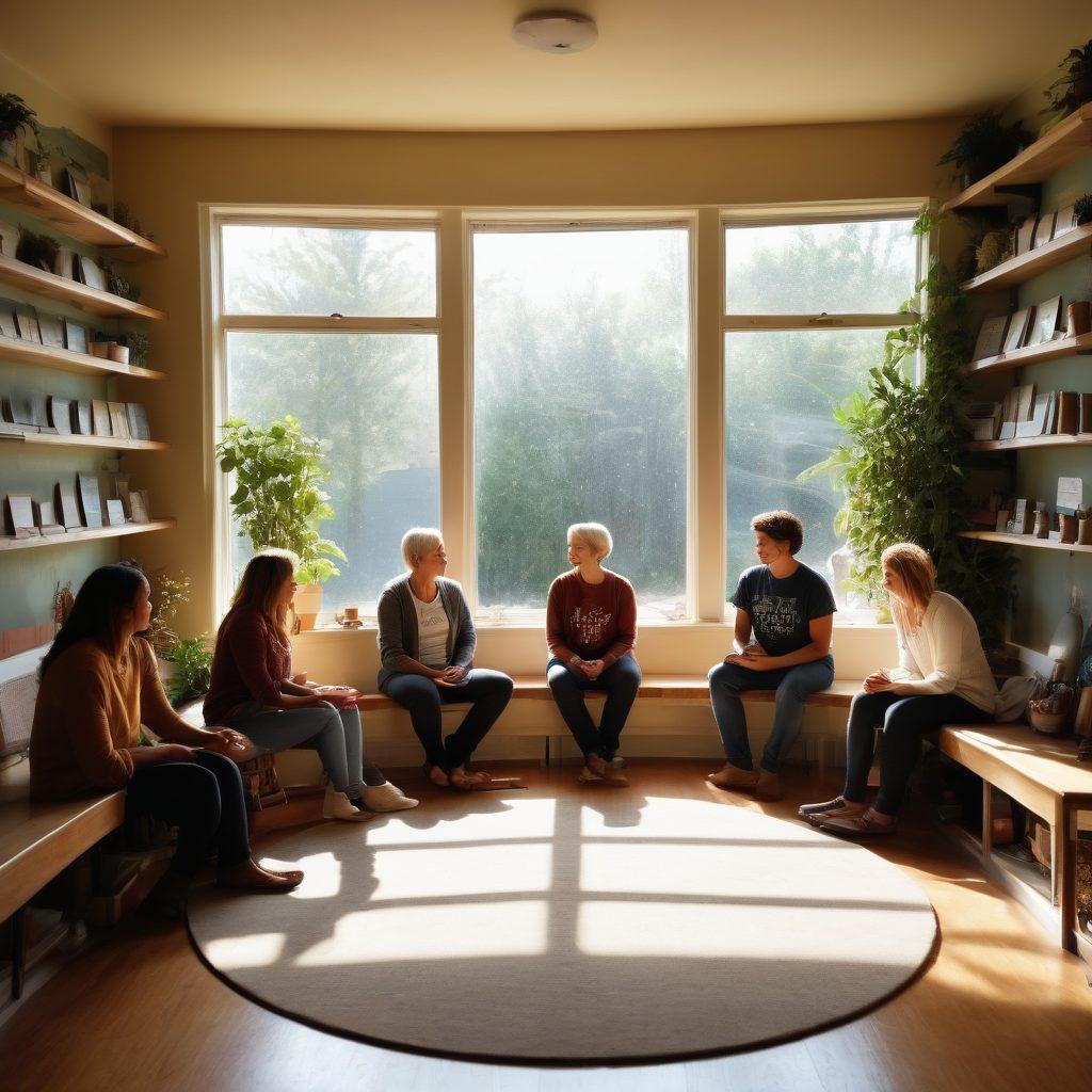 A serene, supportive environment with a diverse group of individuals sitting in a circle, sharing stories and experiences of healing from cancer. Soft natural lighting filters through a window, illuminating a chalkboard with inspirational quotes about hope and resilience. In the background, shelves filled with health education materials and plants create a warm, inviting atmosphere. The expressions on their faces radiate empathy and strength. super-realistic. vibrant colors. soft focus.