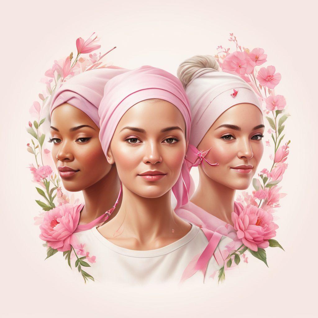 An illustration of a diverse group of people supporting a cancer patient, highlighting themes of empowerment and awareness. The setting includes symbols of hope, like pink ribbons and blooming flowers, and arrows symbolizing navigation and guidance. Soft, warm colors create an inviting atmosphere, illustrating connection and community. super-realistic. vibrant colors. white background.