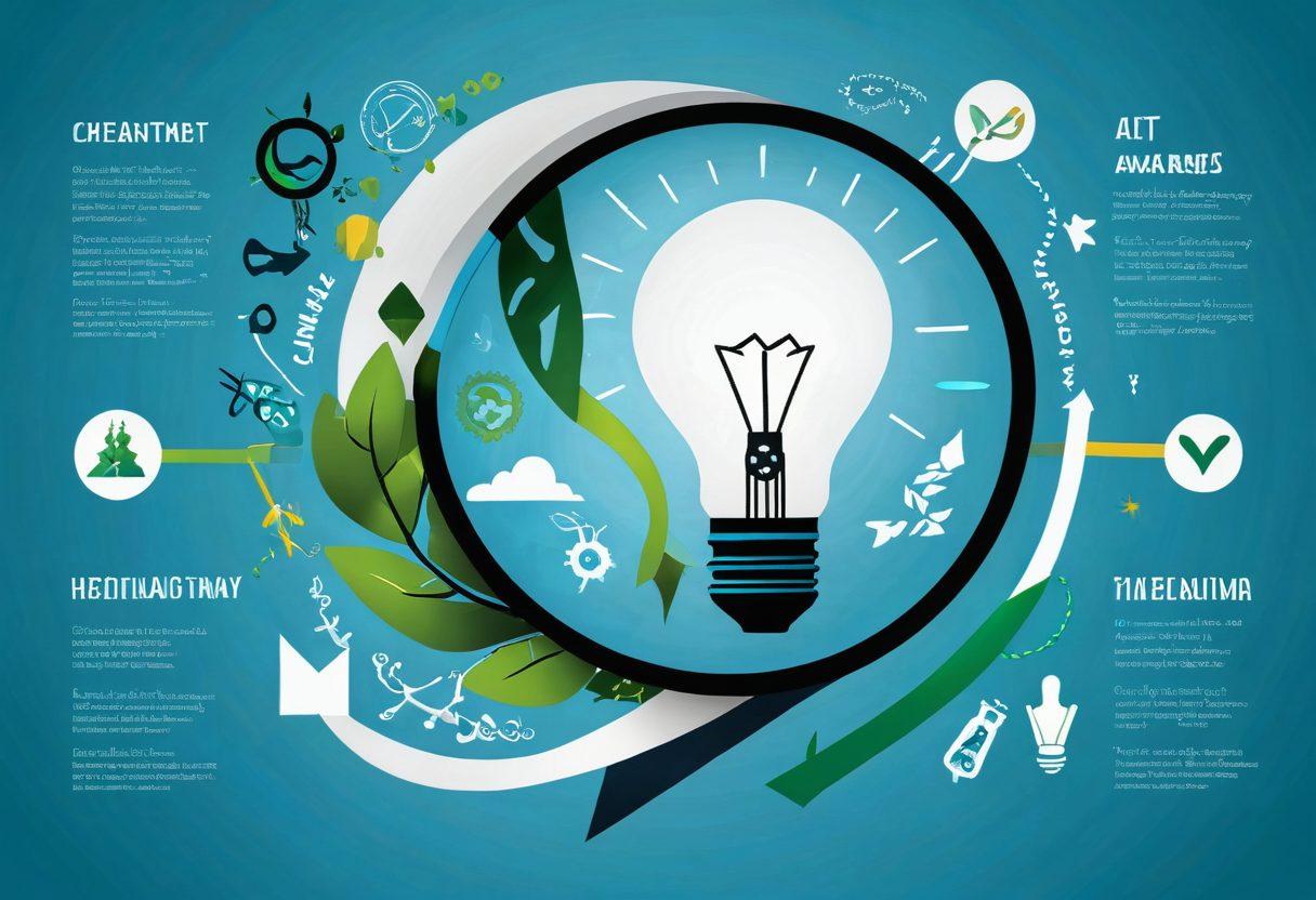 A visually striking image depicting a dual pathway: one side illustrating the concepts of awareness with symbols like a magnifying glass, a light bulb, and awareness ribbons, while the other side showcases action with dynamic elements like healthcare professionals in discussion, a patient receiving therapy, and vibrant infographic charts. The background transitions from calming blues to empowering greens, symbolizing hope and progression. super-realistic. vibrant colors. white background.